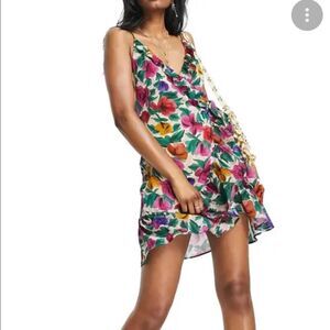 Topshop Floral Print Ruffle Wrap Dress